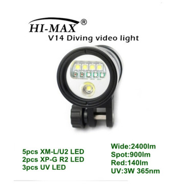 HI-MAX V14 with 5pc XM-L/U2, 2pc XP-G R2, 3pc UV LED, 2400lm Wide, 900lm Spot, 140lm Red, 3W uv led 365nm Photographic Lighting